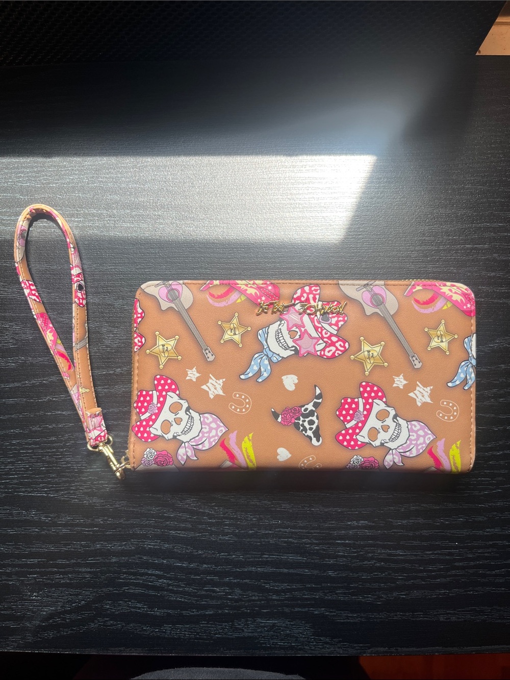 Betsey Johnson Tan Cowgirl Skull Wristlet with Pink Accents